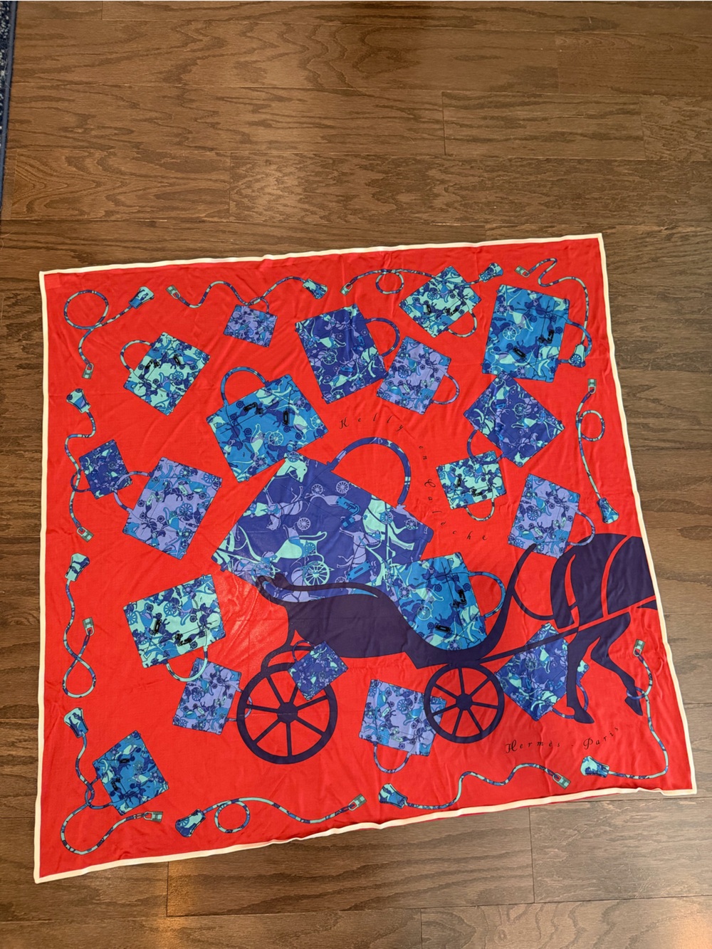 NWT Hermes Red, Blue & Cream Patterned Silk Scarf